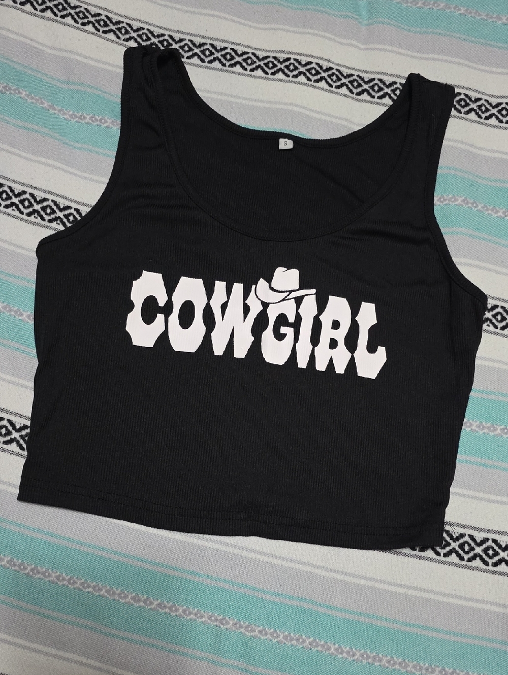 Cowgirl Graphic Ribbed Crop Tank Top - Black